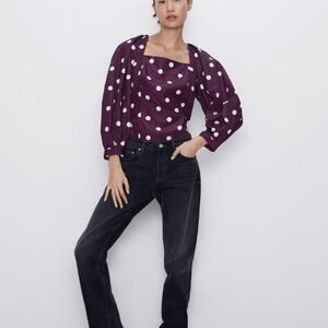 Zara Burgundy and White Puff Sleeve Blouse